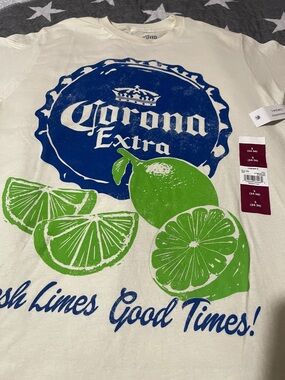 Corona Graphic Tee with Blue Logo and Green Limes